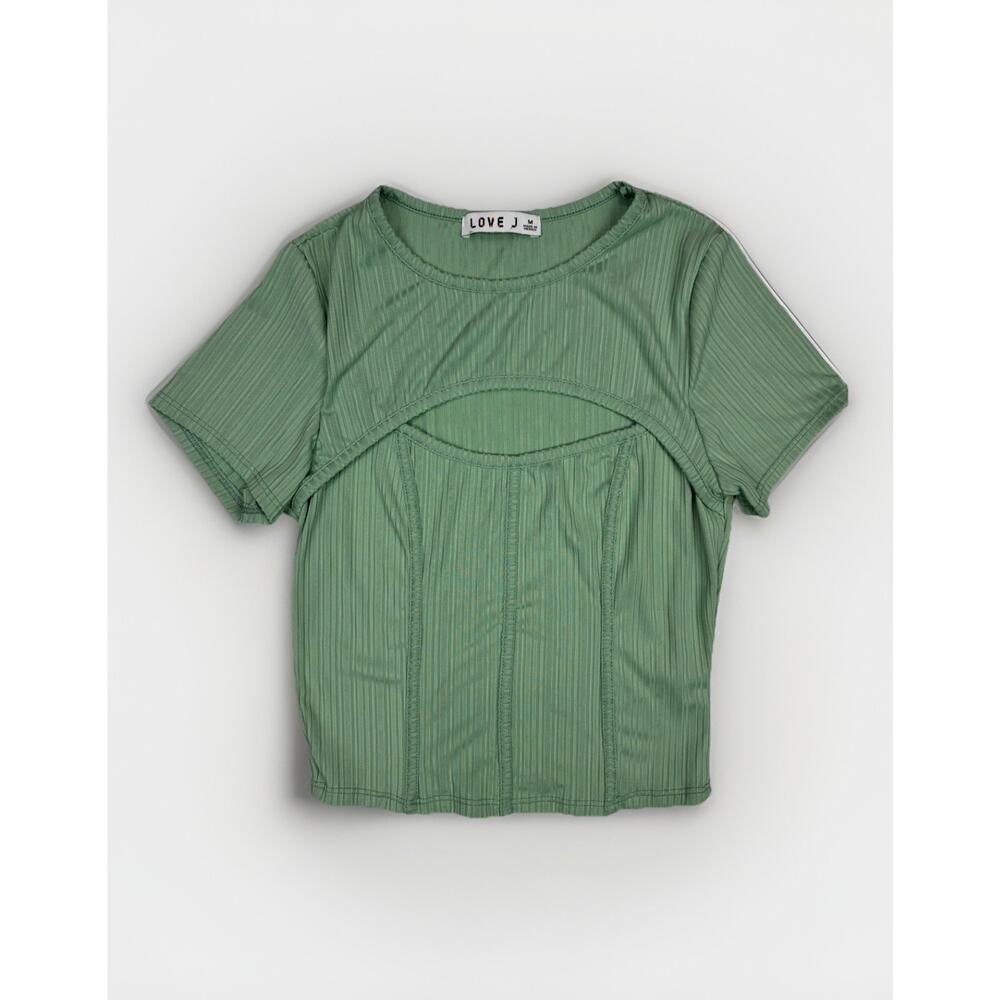 Love J Ribbed Cutout Crop Top Y2K Fitted Corset Club Tee Size M Green - Picture 2 of 8